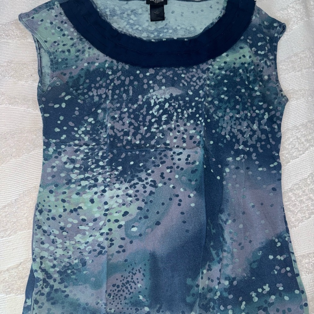 Ann Taylor Blue Sleeveless Graphic Blouse